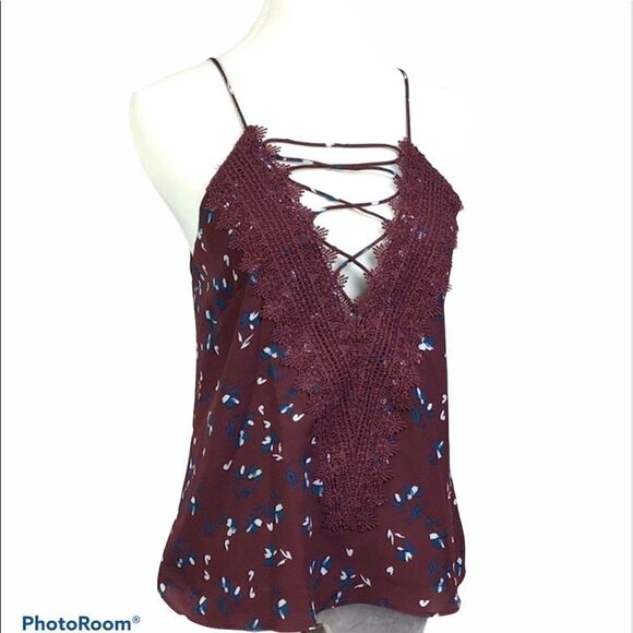 WAYF Burgundy Lace & Floral Lace up Camisole spaghetti strap top. XS - Picture 1 of 9